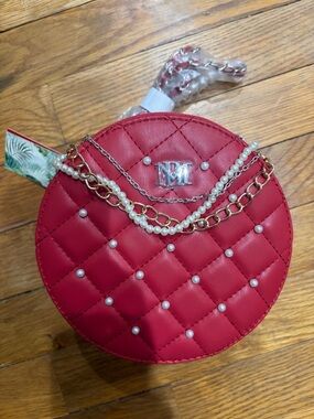 Badgley Mischka Red Quilted Pearl-Accent Round Crossbody